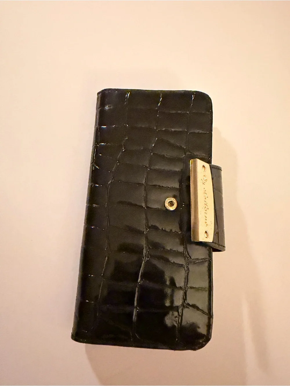 Liz Claiborne Black Croc-Embossed Wallet with Gold Plaque Accent